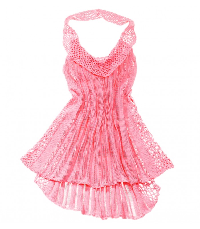 Pink Cotton collage Lace Dress with band around neck 